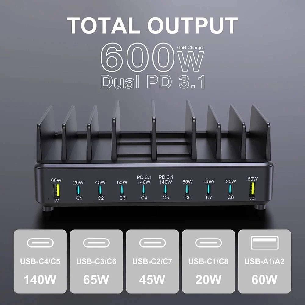 600W 10-Port GaN Fast Charging Station PD 3.1 USB-C Desktop Charger-EU Plug