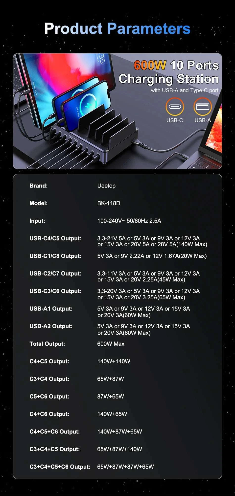 600W 10-Port GaN Fast Charging Station PD 3.1 USB-C Desktop Charger-EU Plug