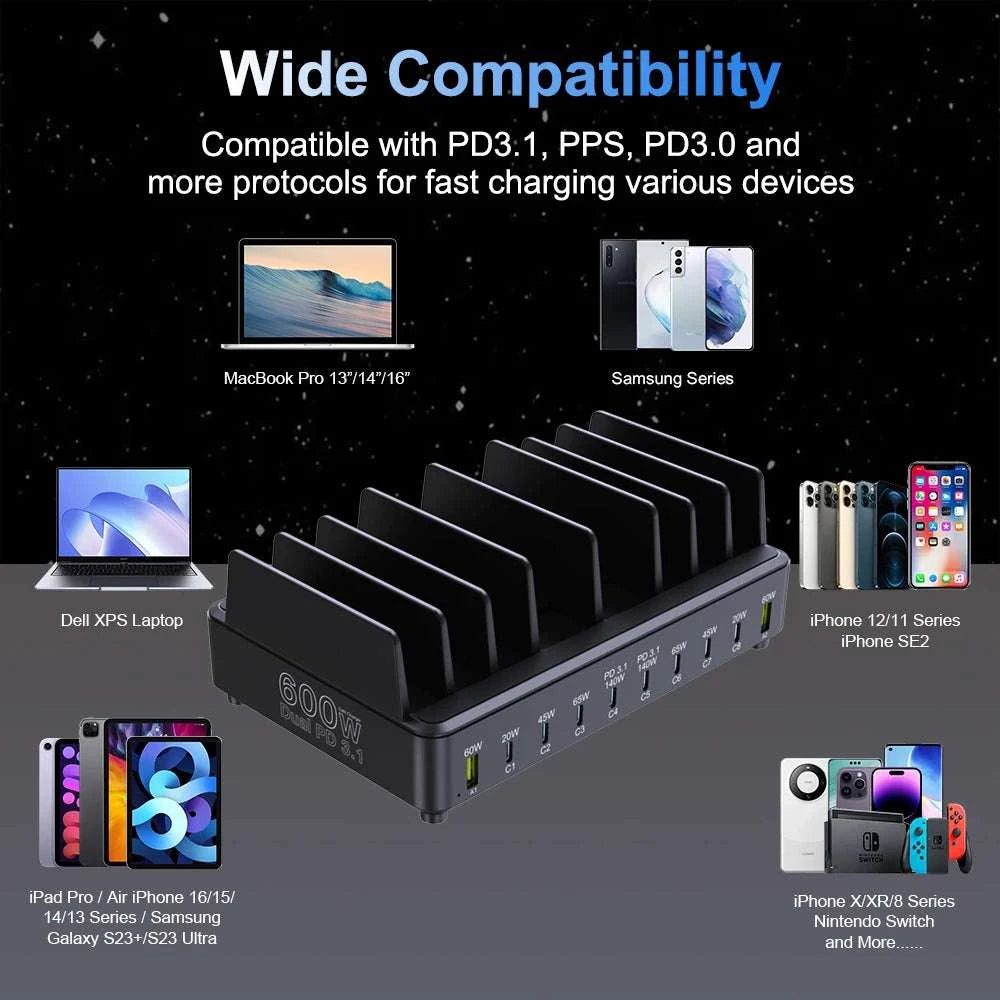 600W 10-Port GaN Fast Charging Station PD 3.1 USB-C Desktop Charger-EU Plug