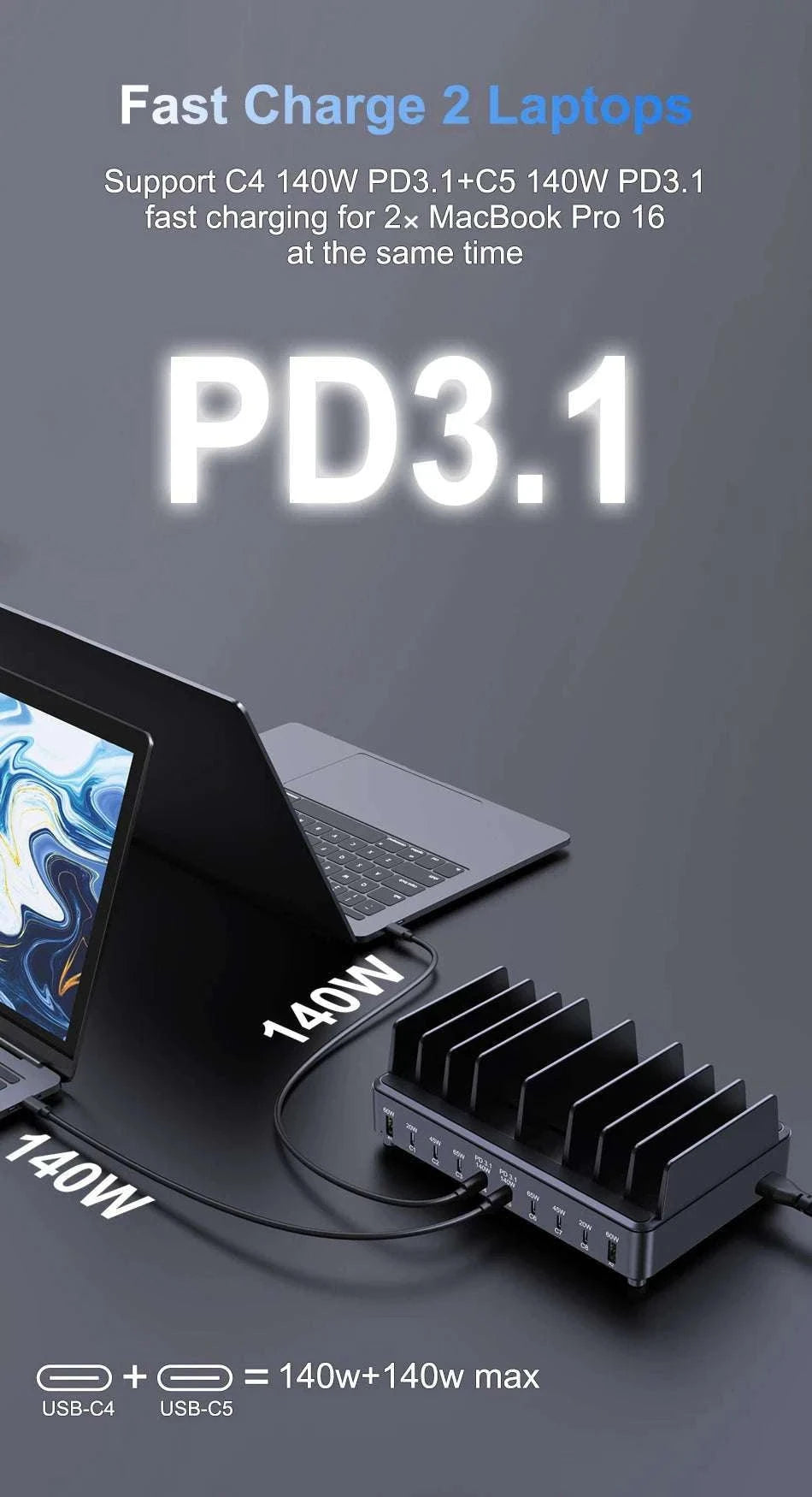 600W 10-Port GaN Fast Charging Station PD 3.1 USB-C Desktop Charger-EU Plug