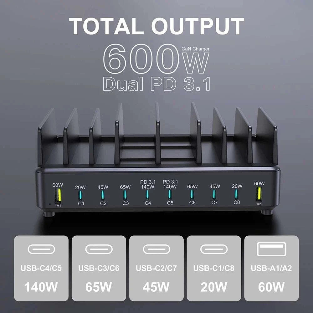 600W 10-Port GaN Fast Charging Station PD 3.1 USB-C Desktop Charger-EU Plug
