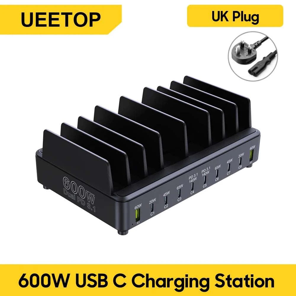 600W 10-Port GaN Fast Charging Station PD 3.1 USB-C Desktop Charger-EU Plug