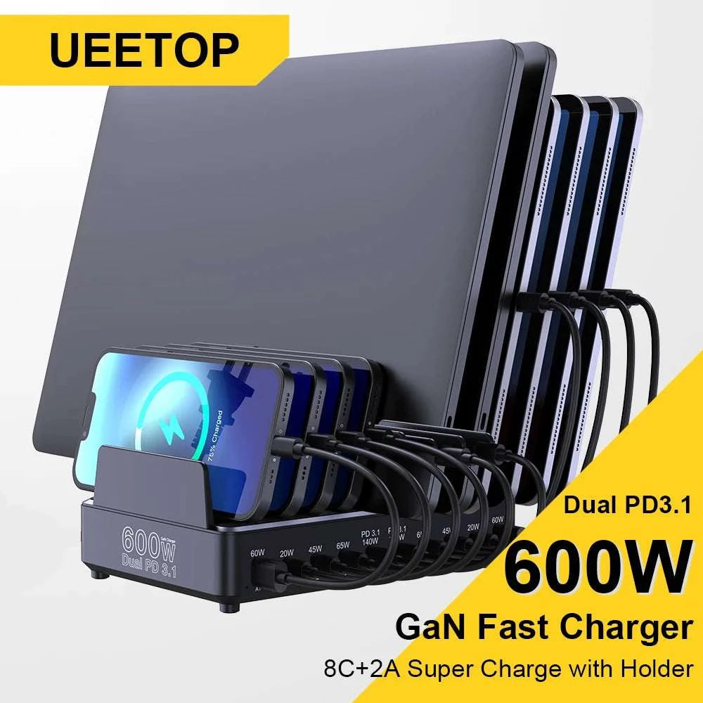 600W 10-Port GaN Fast Charging Station PD 3.1 USB-C Desktop Charger-EU Plug