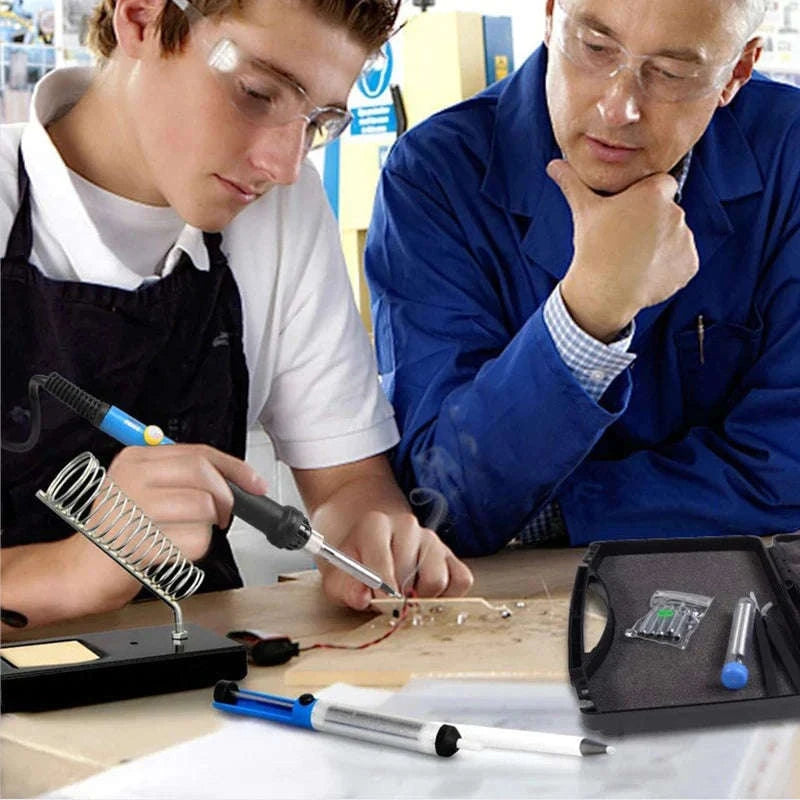 60W Adjustable Temperature Electric Soldering Iron Kit-Gray EU 7pcs Kit