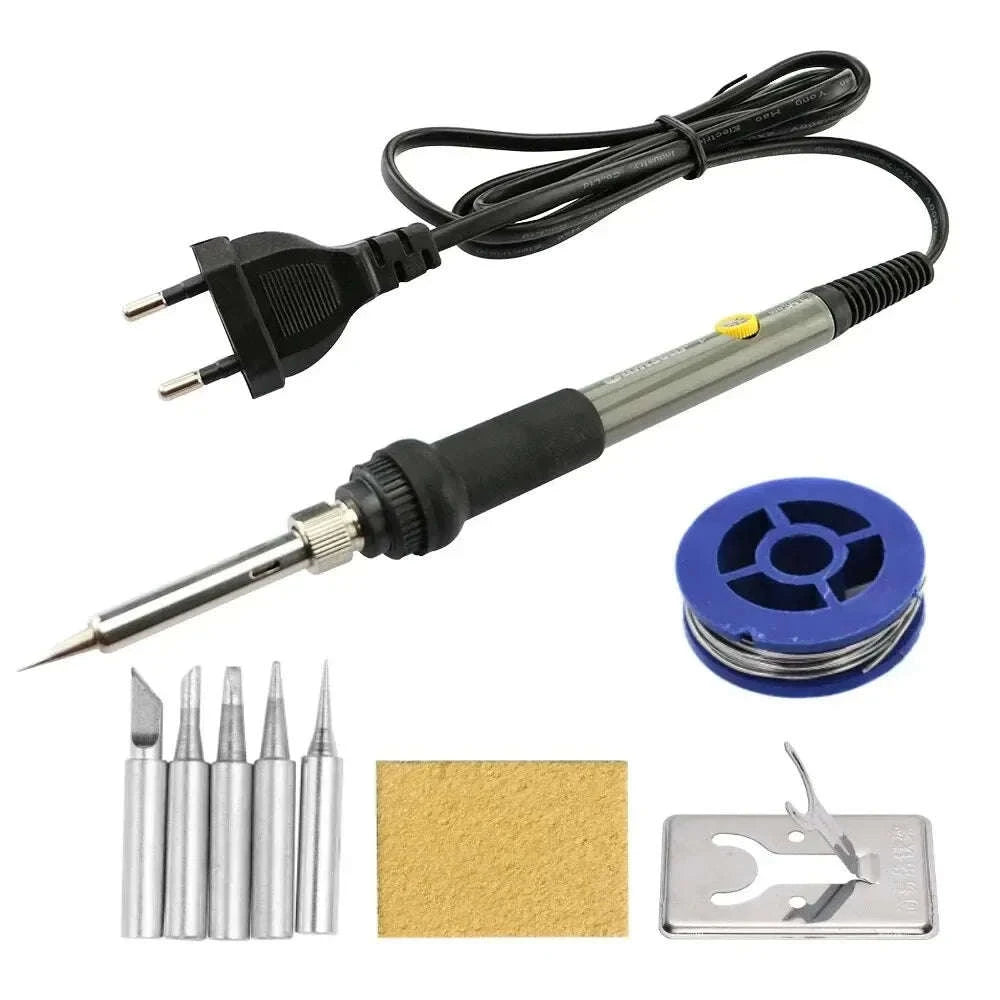 60W Adjustable Temperature Electric Soldering Iron Kit-Gray EU 7pcs Kit