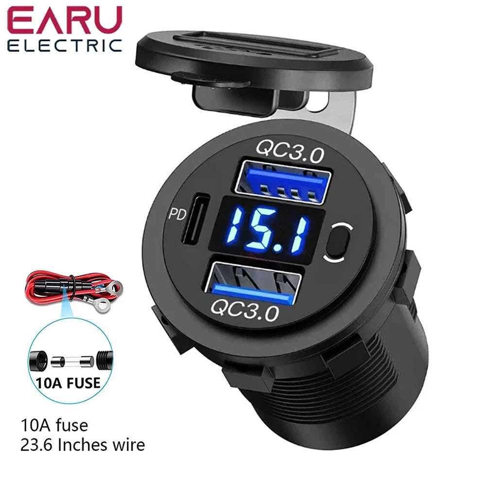 60W Car USB Charger with Digital Voltmeter and Switch, 12V/24V-With Blue Cord