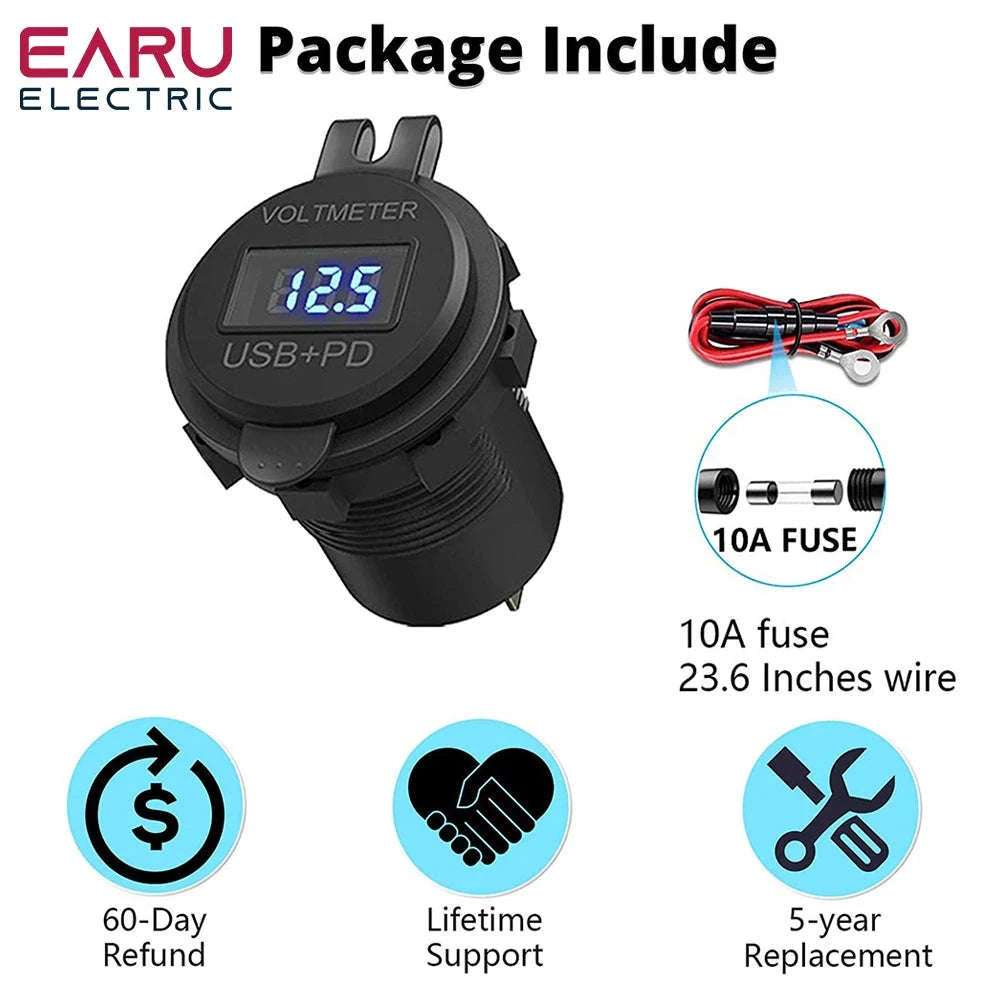 60W Car USB Charger with Digital Voltmeter and Switch, 12V/24V-With Blue Cord