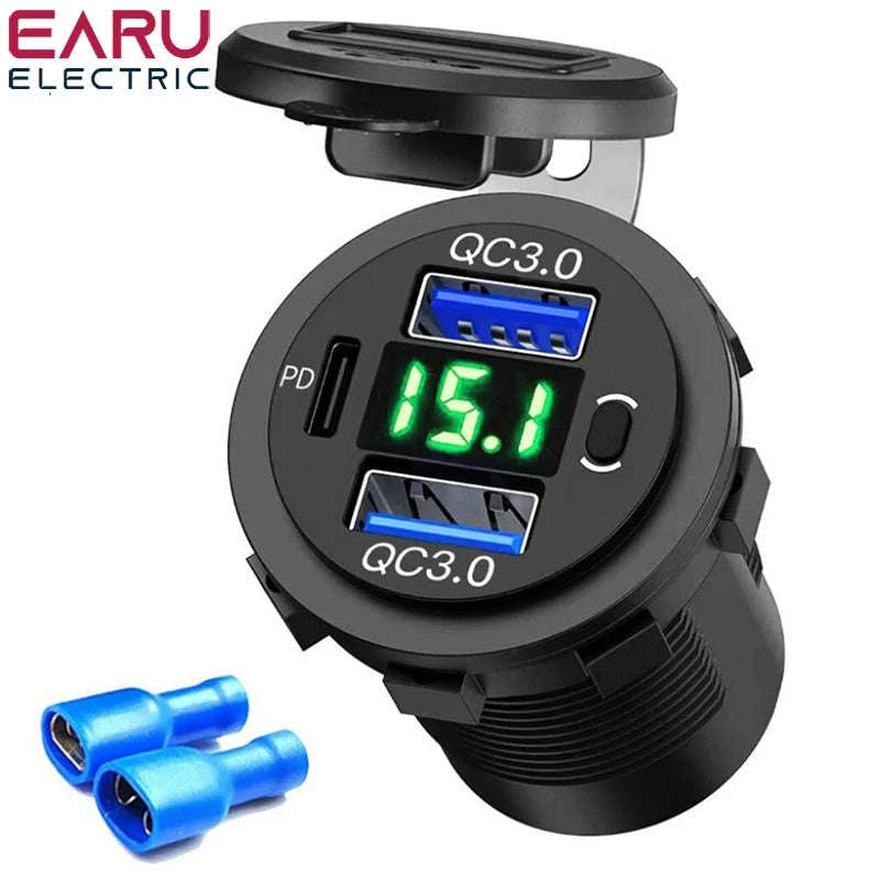 60W Car USB Charger with Digital Voltmeter and Switch, 12V/24V-With Blue Cord