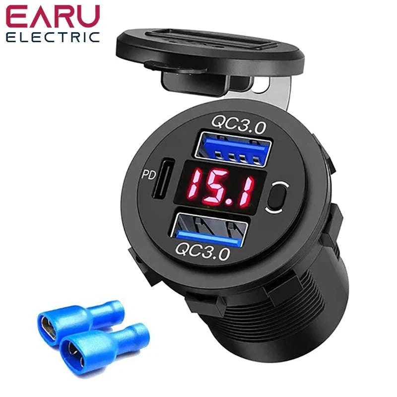 60W Car USB Charger with Digital Voltmeter and Switch, 12V/24V-With Blue Cord