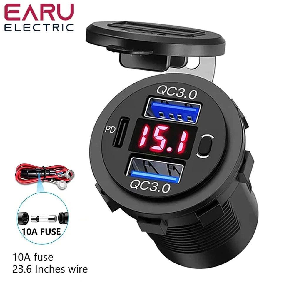 60W Car USB Charger with Digital Voltmeter and Switch, 12V/24V-With Blue Cord