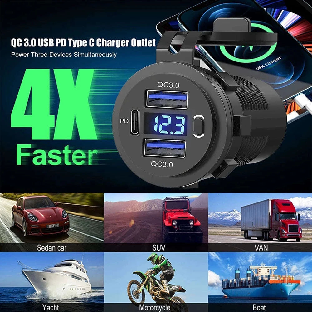 60W Car USB Charger with Digital Voltmeter and Switch, 12V/24V-With Blue Cord
