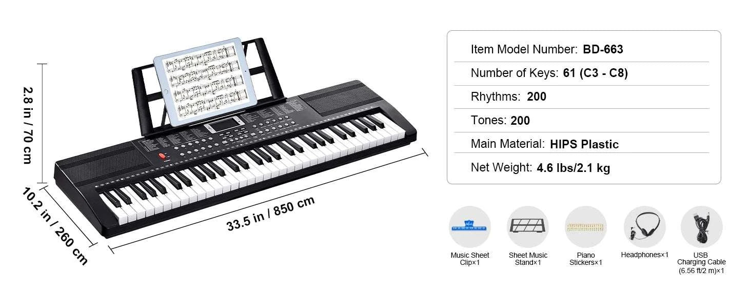 61-Key Digital Keyboard Piano with 200–600 Tones for Beginners-Without Stand / CZECH REPUBLIC