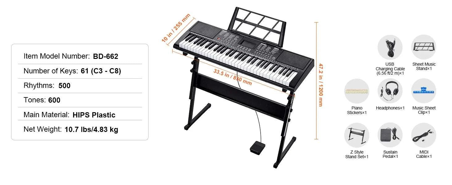 61-Key Digital Keyboard Piano with 200–600 Tones for Beginners-Without Stand / CZECH REPUBLIC