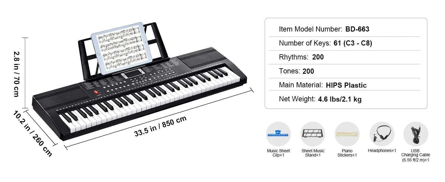 61-Key Digital Keyboard Piano with 200–600 Tones for Beginners-Without Stand / United States