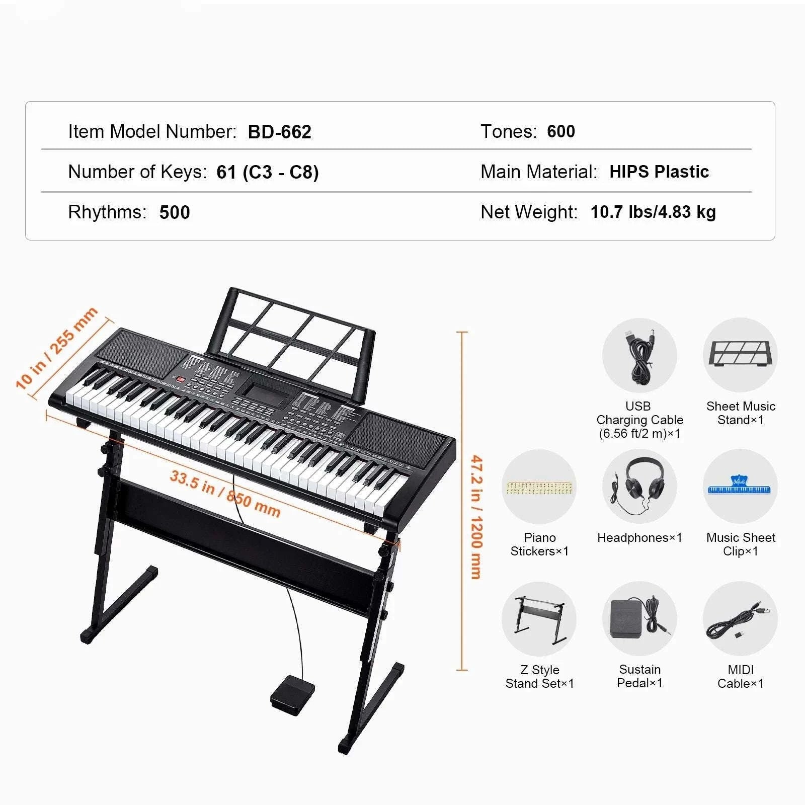61-Key Digital Keyboard Piano with 200–600 Tones for Beginners-Without Stand / United States