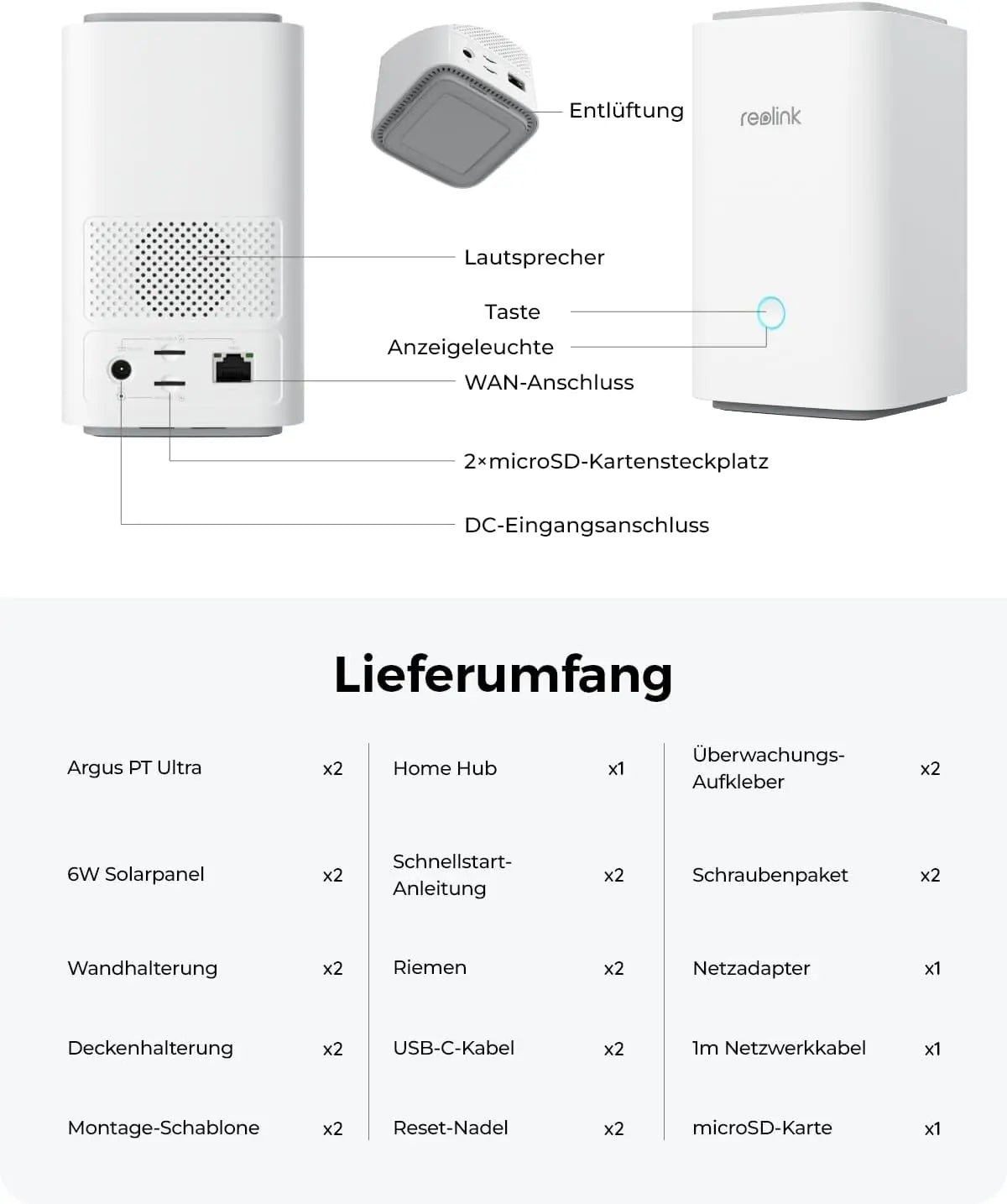 Reolink 4K PT Solar Surveillance Camera Outdoor Set Outdoor Battery with Home Hub, 360° Swivelling, Colour Night Vision, Local Memory, No Subscription Fees, Argus PT Ultra 2 Camera Set, with 6 W Solar - Spy-shop.com