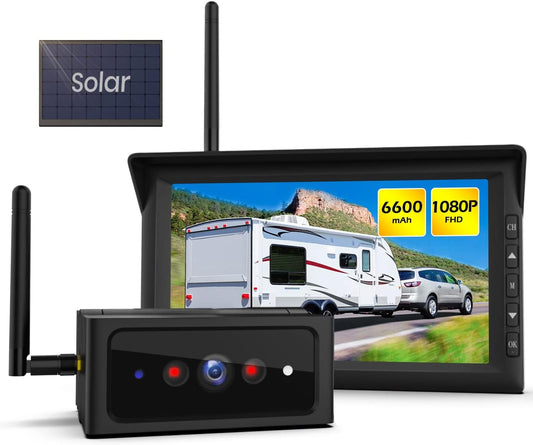 Auto-VOX Solar Wireless Reversing Camera Set with 1080P IR Night Vision, 7-Inch Split-Screen Monitor for Truck, Motorhome, Caravan, Trailer, Van, Bus