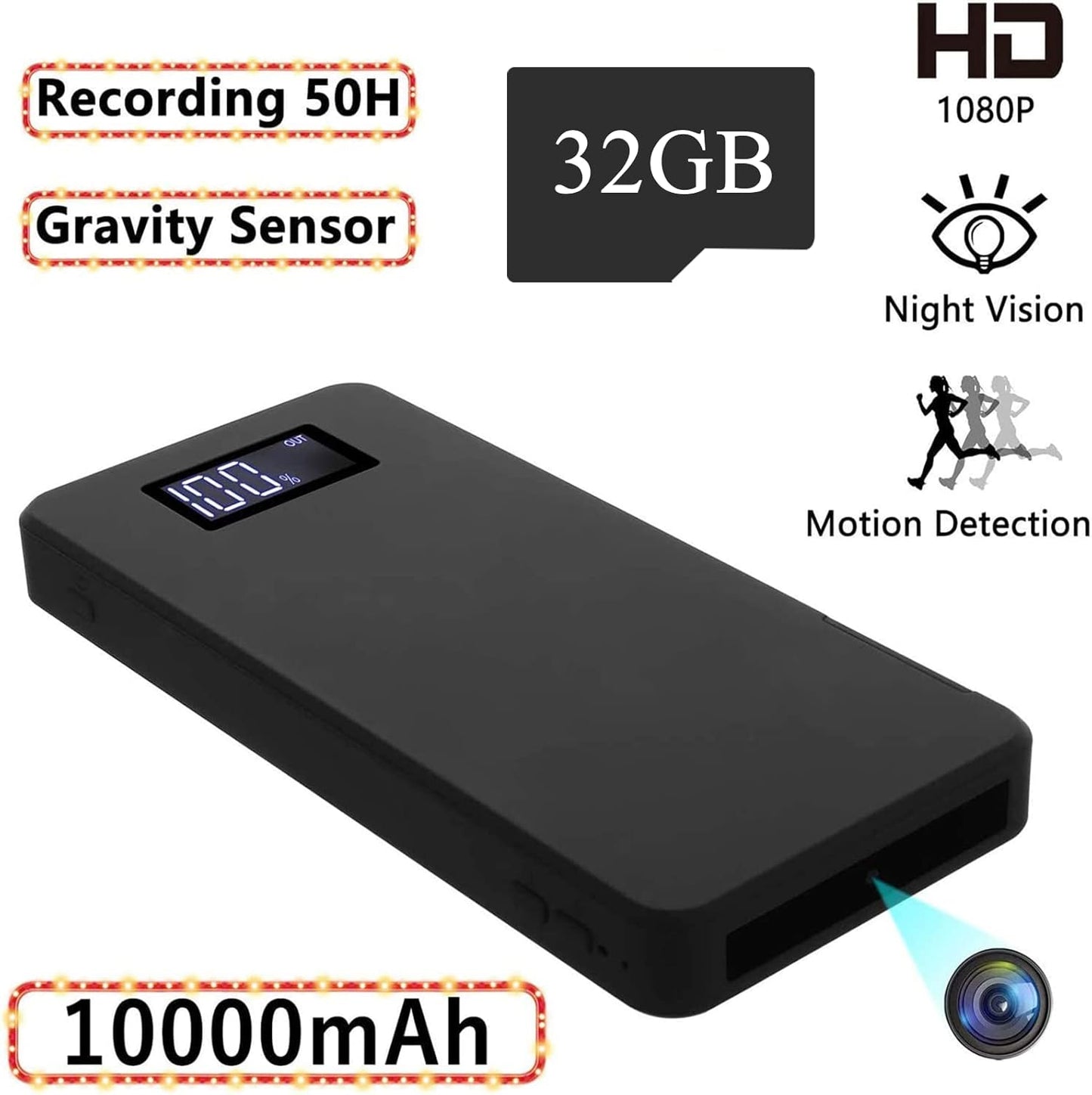 1080P Portable Surveillance Camera | 10000mAh Power Bank Camera with Night Vision, Motion Detection, Gravity Sensor, Loop Recording, Built-in 32GB - Spy-shop.com