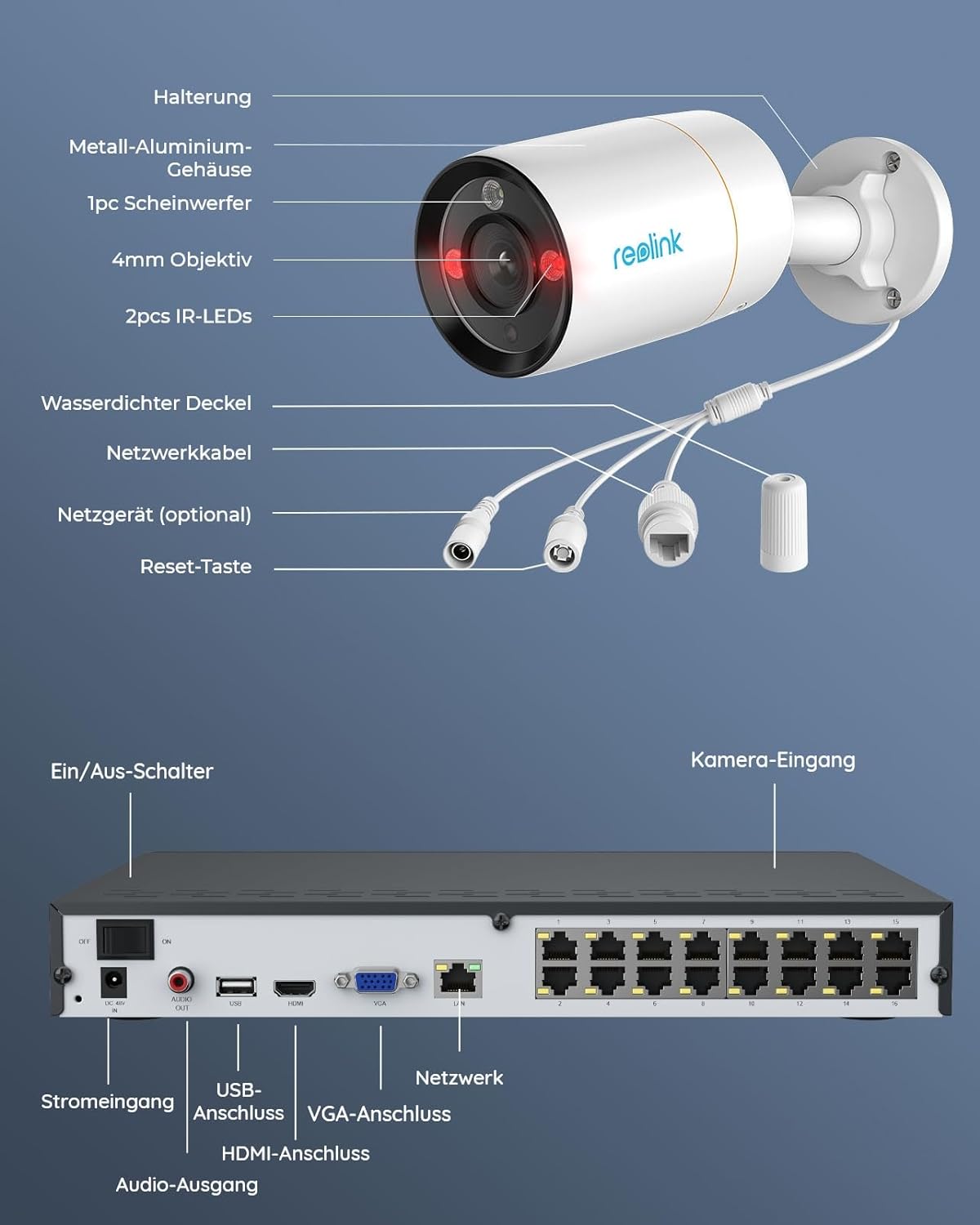 Reolink 12 MP Outdoor-Überwachungskamera-Set, 8 x PoE-IP-Kamera-Überwachung im Freien, Scheinwerfer, Personen-/Fahrzeugerkennung, 2-Wege-Audio, 24/7 Farb-/IR-Nachtsicht, 16 CH 4 TB HDD NVR, RLK16-1200B8-A