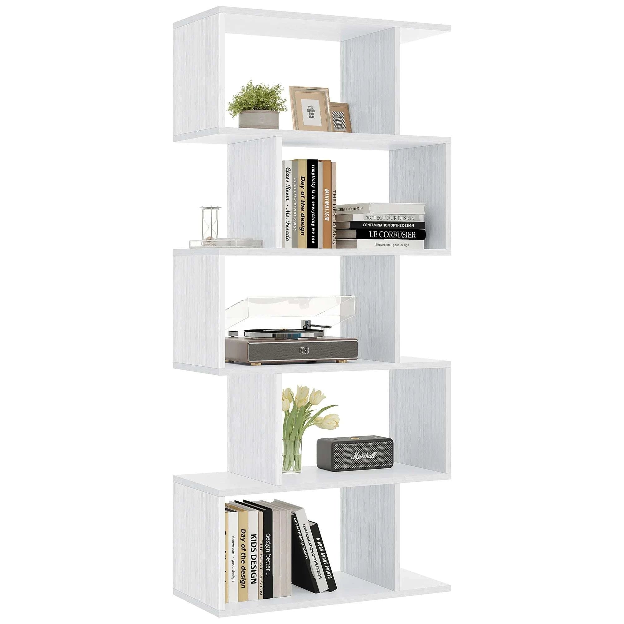 62 Inch 5-Tier S-Shaped Bookcase Wooden Storage Display Shelf-WHITE / United States