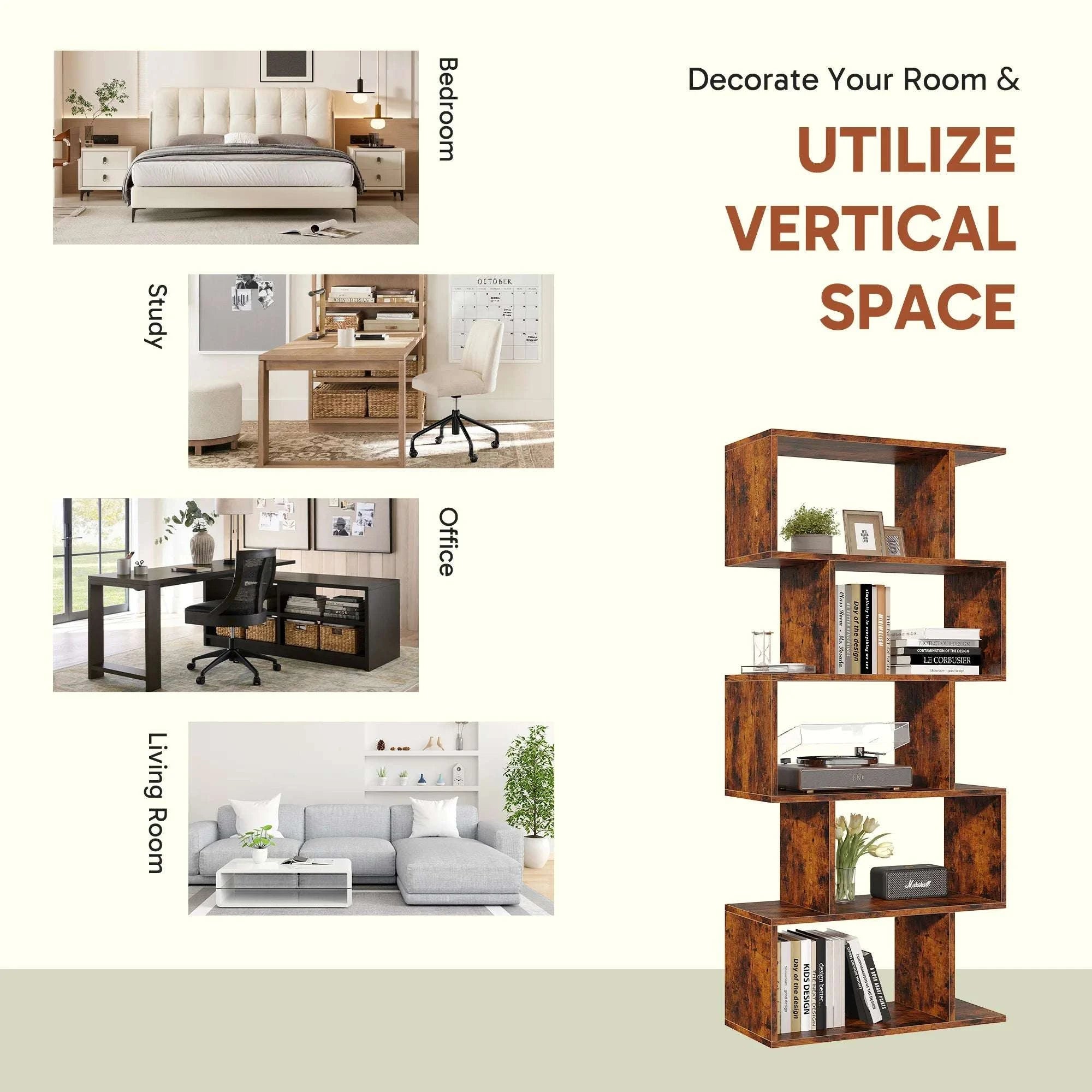 62 Inch 5-Tier S-Shaped Bookcase Wooden Storage Display Shelf-WHITE / United States