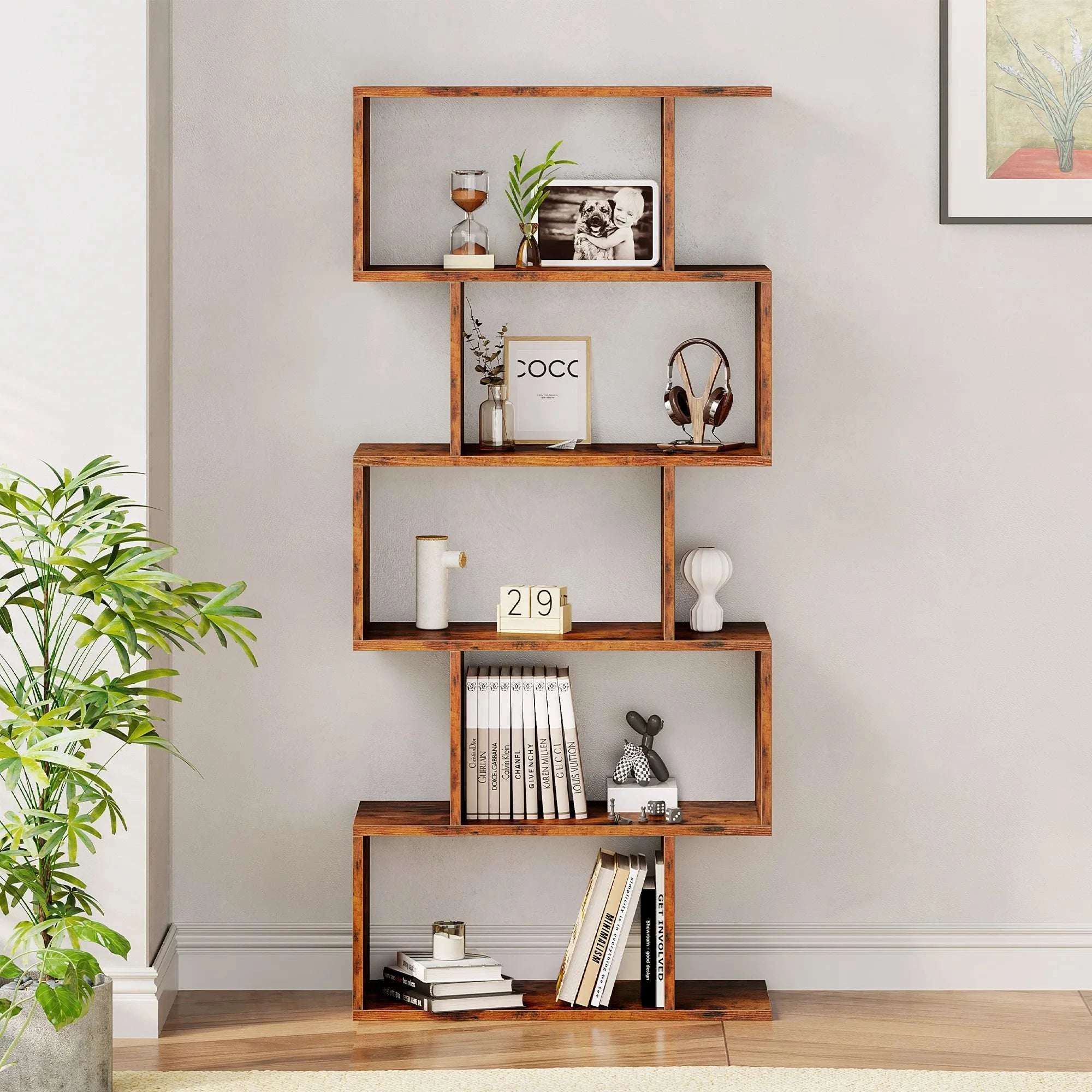 62 Inch 5-Tier S-Shaped Bookcase Wooden Storage Display Shelf-WHITE / United States