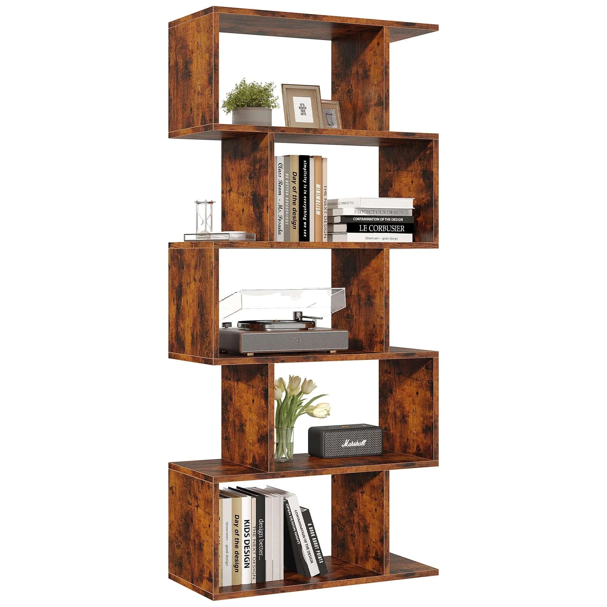 62 Inch 5-Tier S-Shaped Bookcase Wooden Storage Display Shelf-WHITE / United States