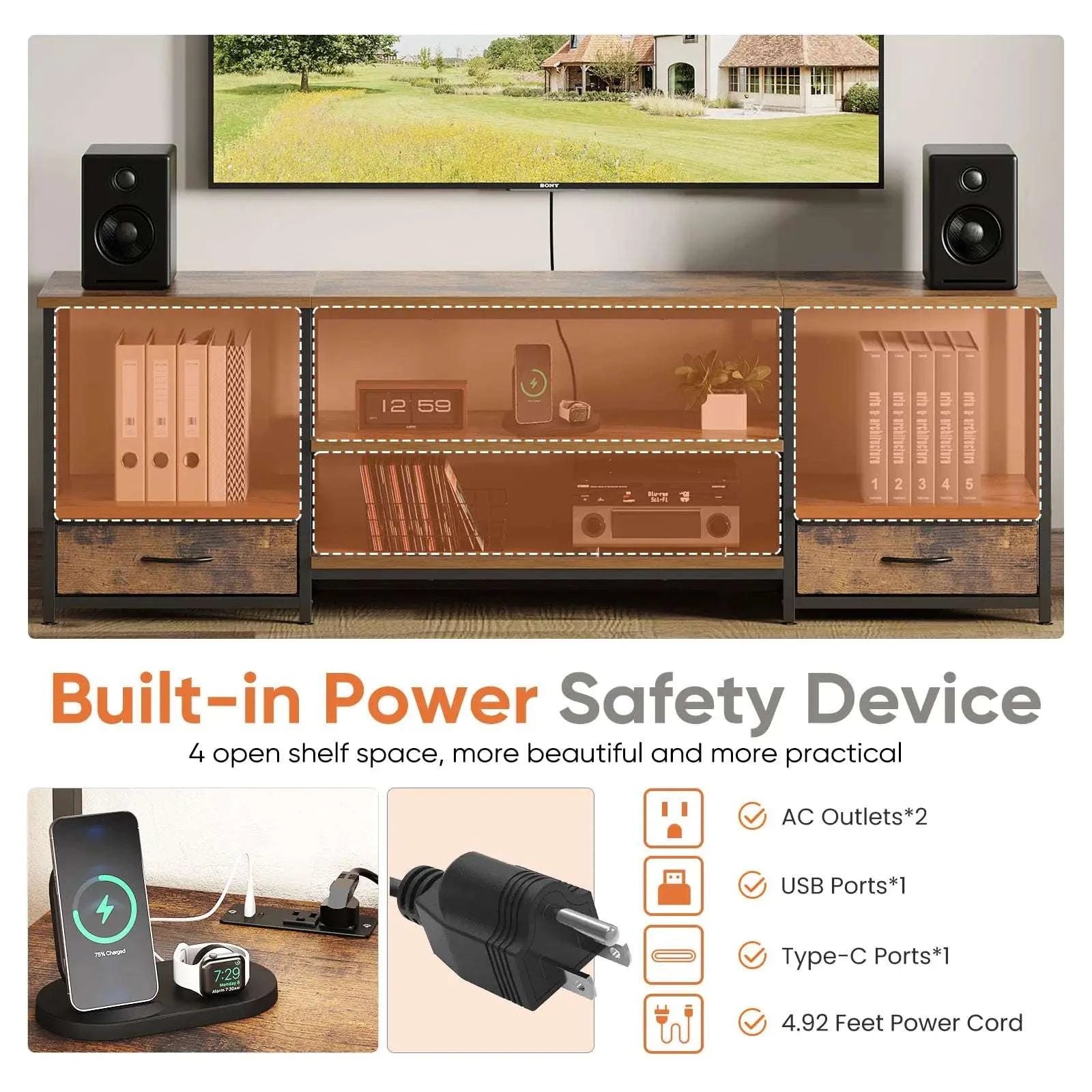 63 Inch Wooden TV Stand with Power Outlets & Storage for Up to 75" TVs-47IN / United States