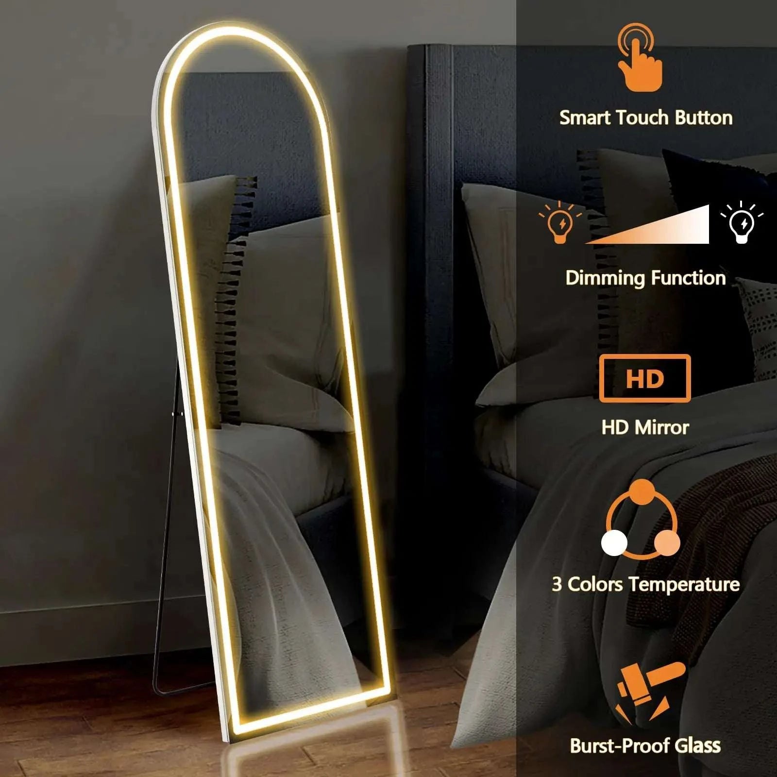 63" LED Full Length Mirror with Dimmable 3-Color Lighting-Arched / United States