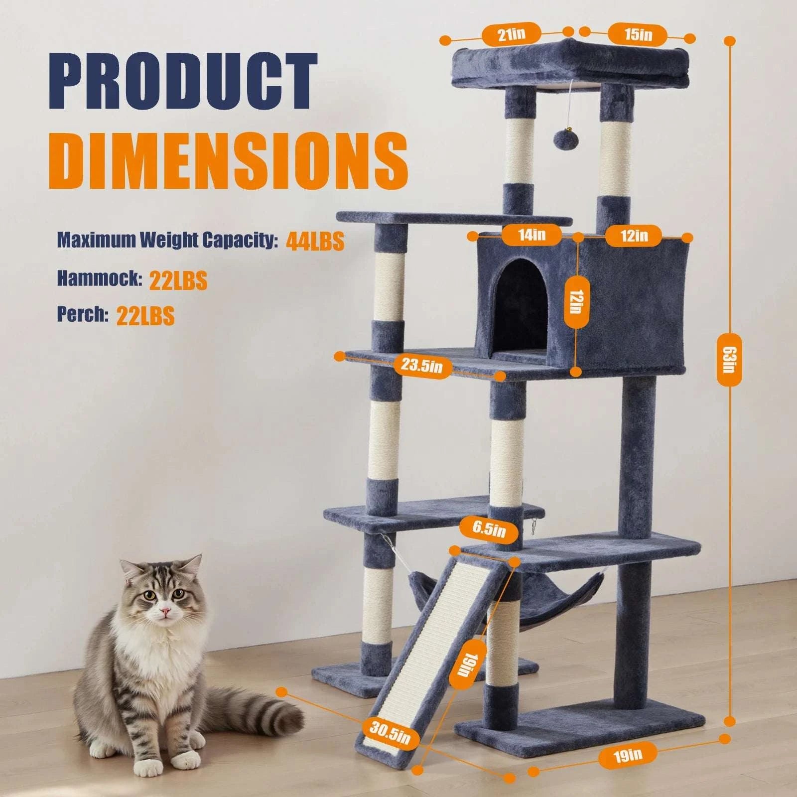 63" Multi-Level Cat Tree Tower with Condo, Hammock & Sisal Posts-GRAY / United States