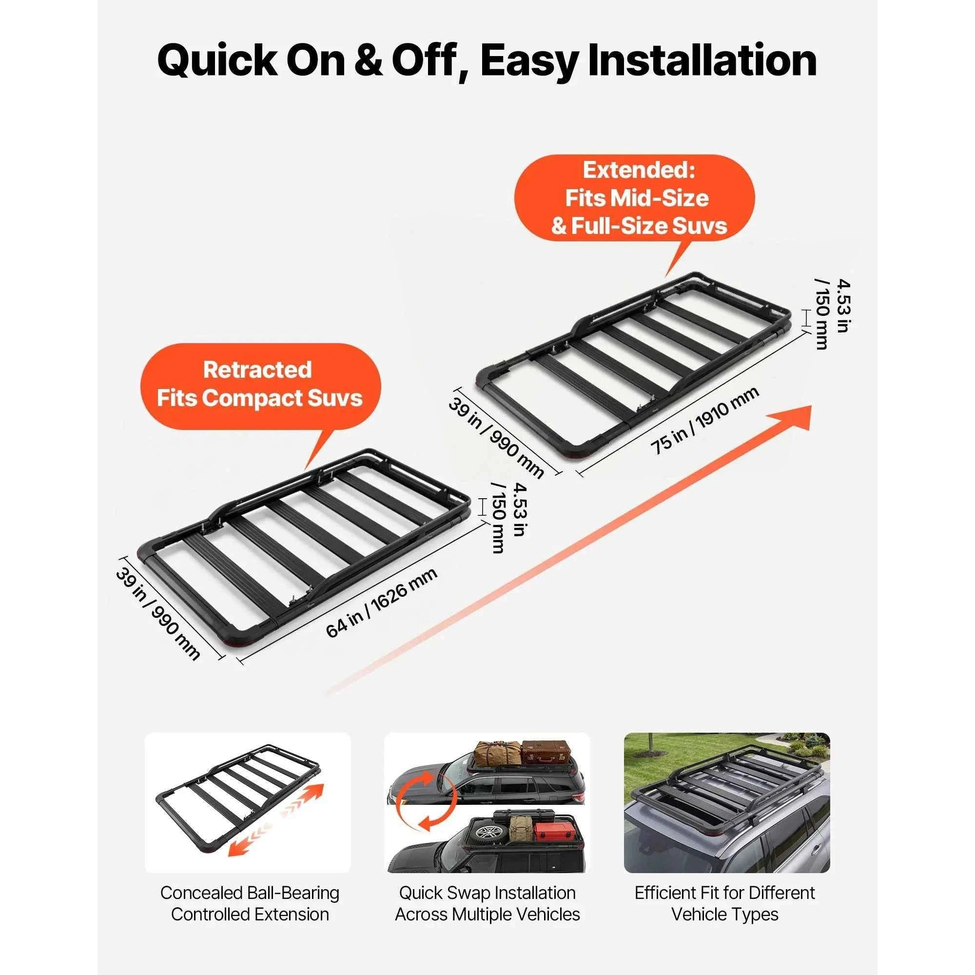 64 x 39 x 4.53 in Roof Rack Cargo Basket with Extension, 200 lbs Capacity, Universal Fit-64x39inch / United States