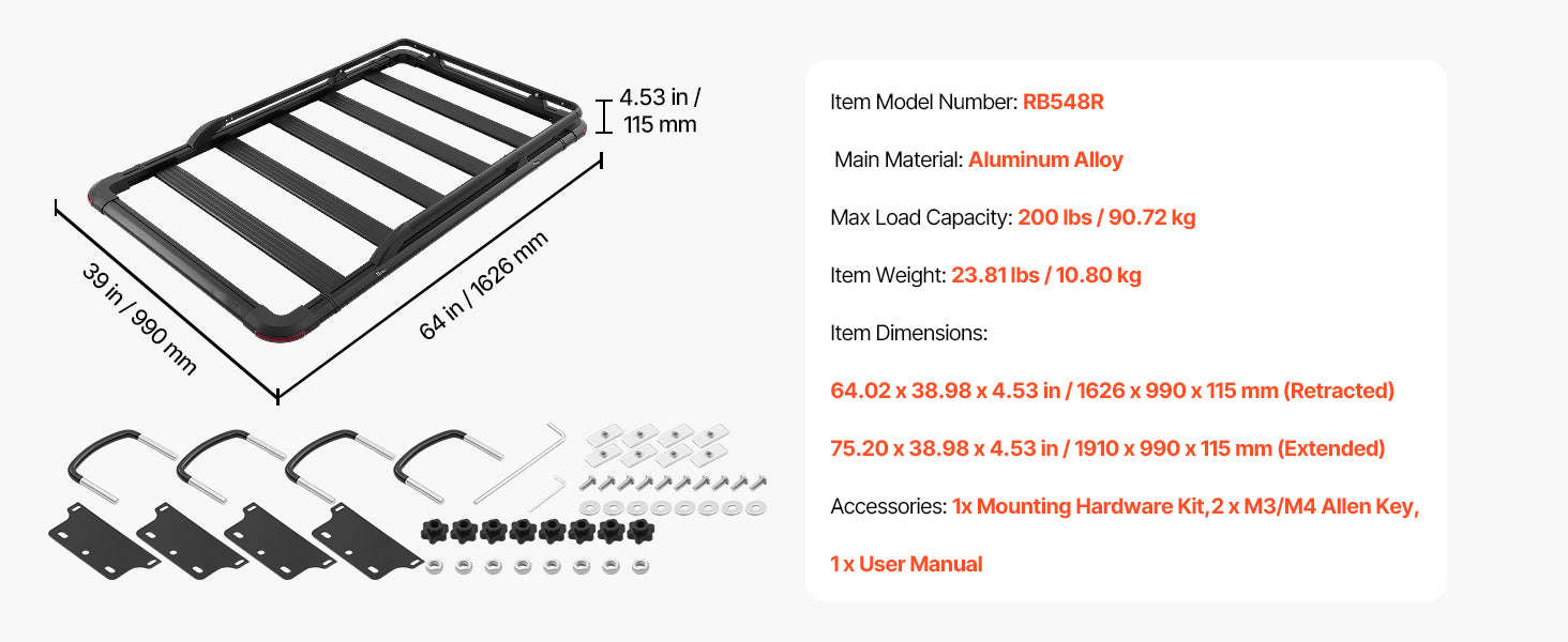 64 x 39 x 4.53 in Roof Rack Cargo Basket with Extension, 200 lbs Capacity, Universal Fit-64x39inch / United States