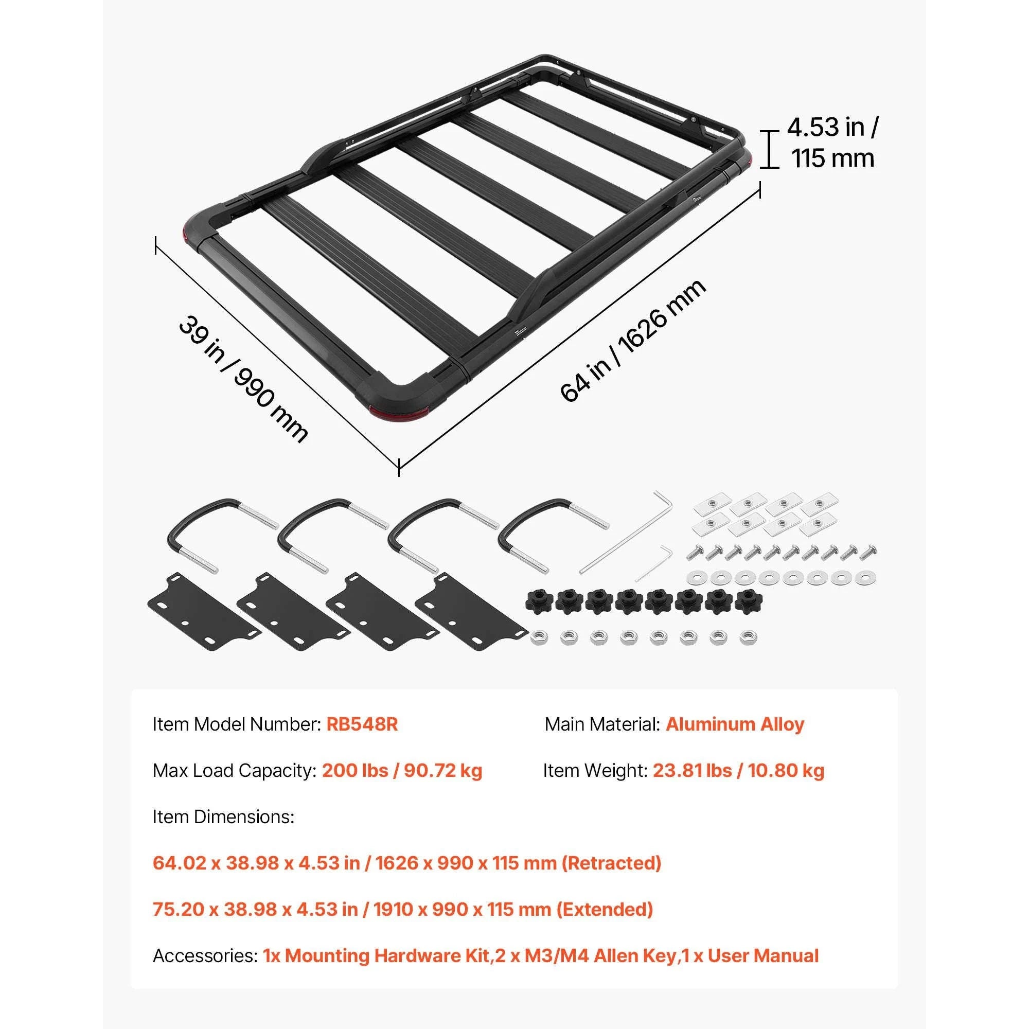 64 x 39 x 4.53 in Roof Rack Cargo Basket with Extension, 200 lbs Capacity, Universal Fit-64x39inch / United States