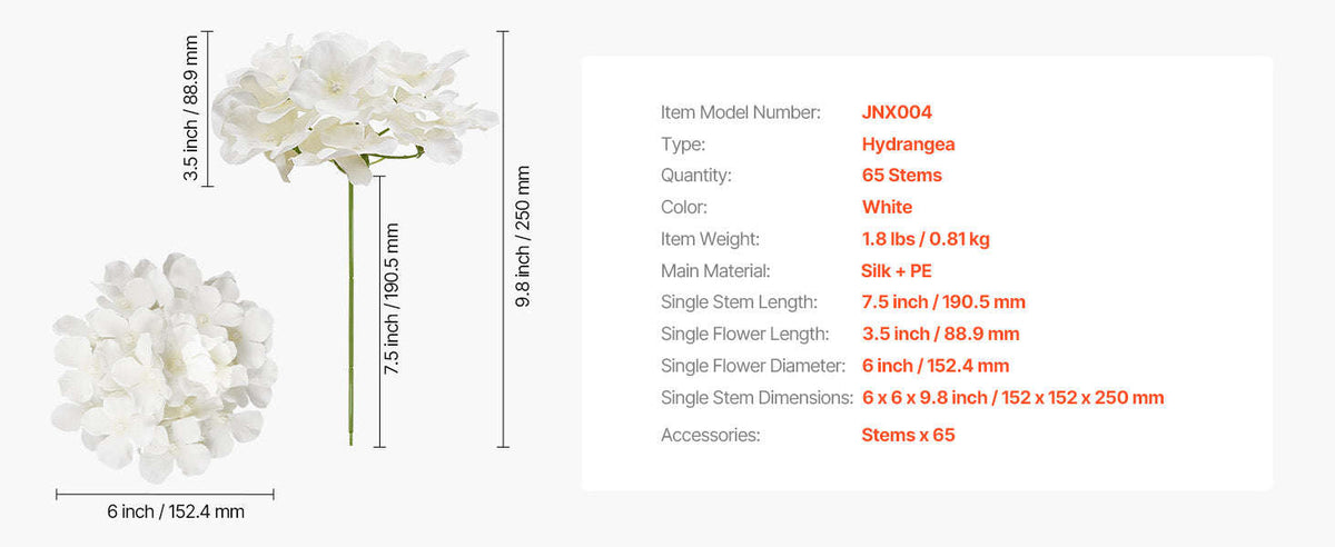 65-Pack White Artificial Hydrangea Bouquet with Stem-white / 205pcs / United States