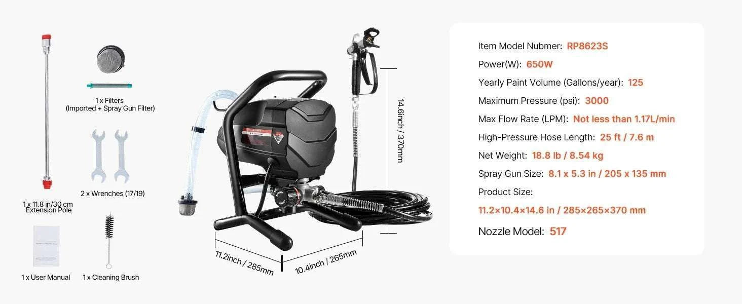 650W Airless Paint Sprayer 3000 PSI with Extension Rod & Hose-650W 0.25GPM / United States