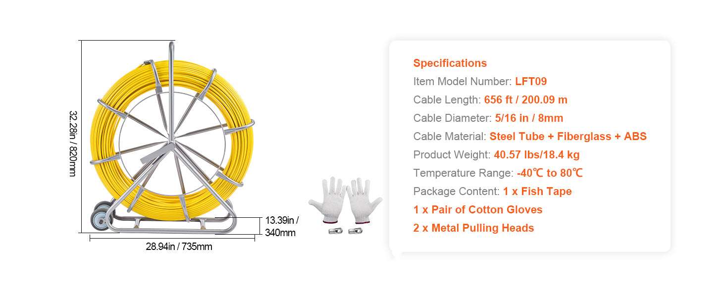 656ft Fiberglass Fish Tape Wire Puller with 5/16in Rodder-200m 8mm / spain