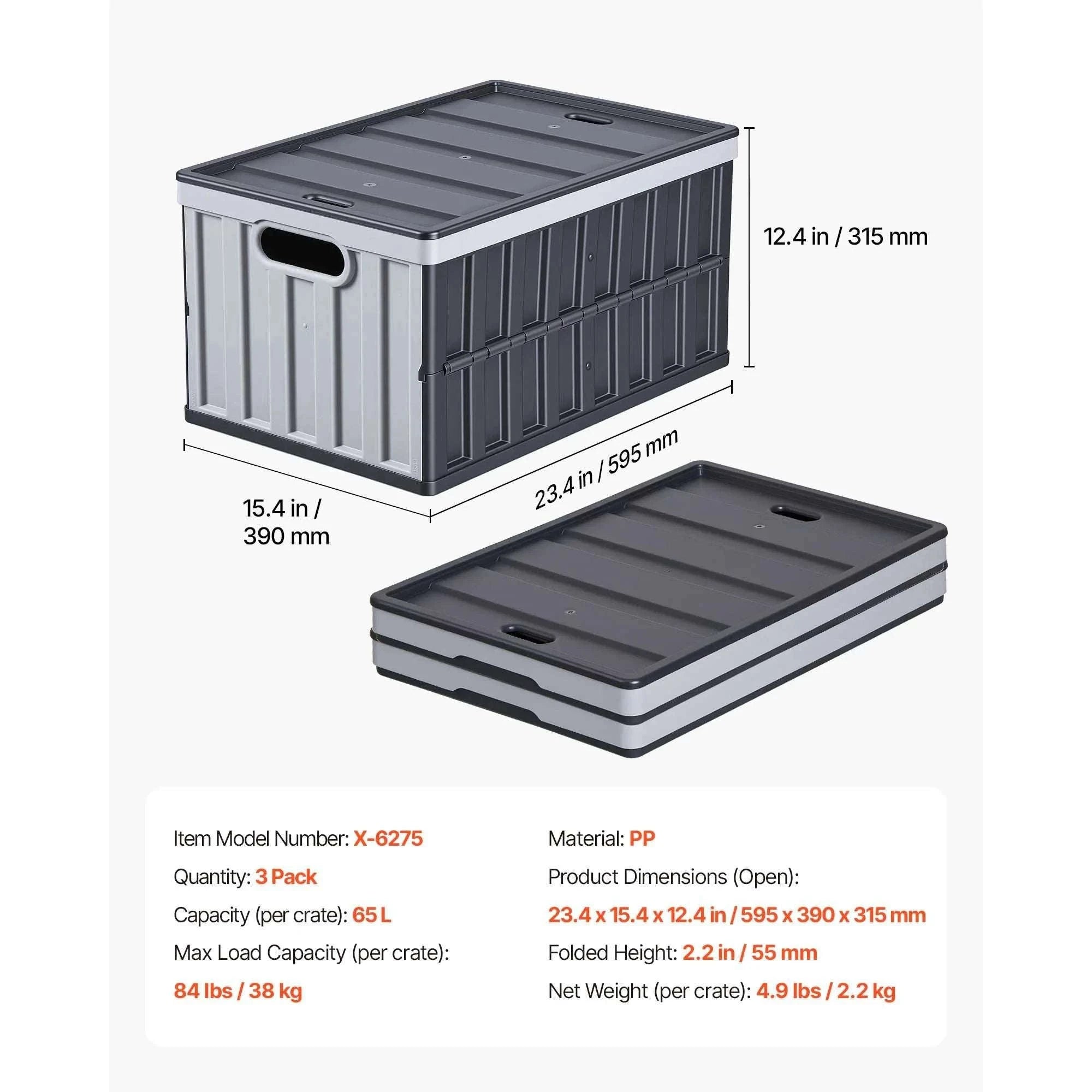 65L Collapsible Storage Bins with Lids – Stackable Folding Crates-3PCS / United States