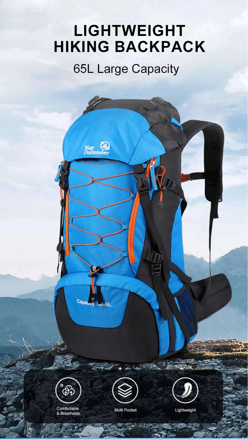 65L Waterproof Climbing Backpack for Hiking and Camping-Gray
