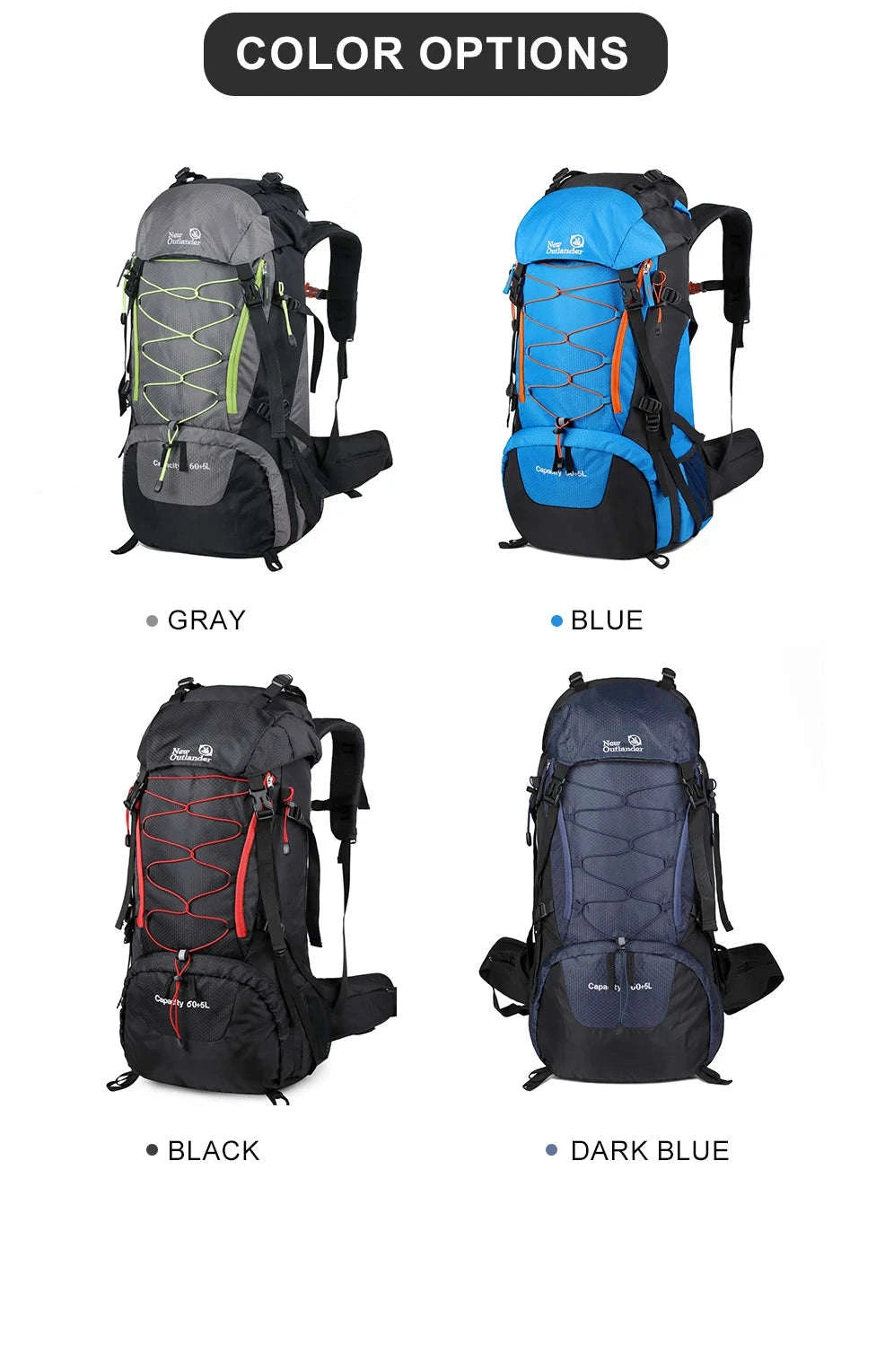 65L Waterproof Climbing Backpack for Hiking and Camping-Gray