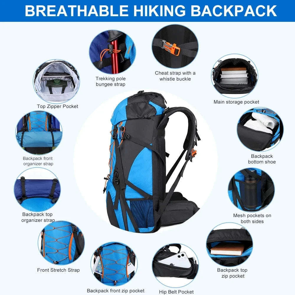 65L Waterproof Climbing Backpack for Hiking and Camping-Gray