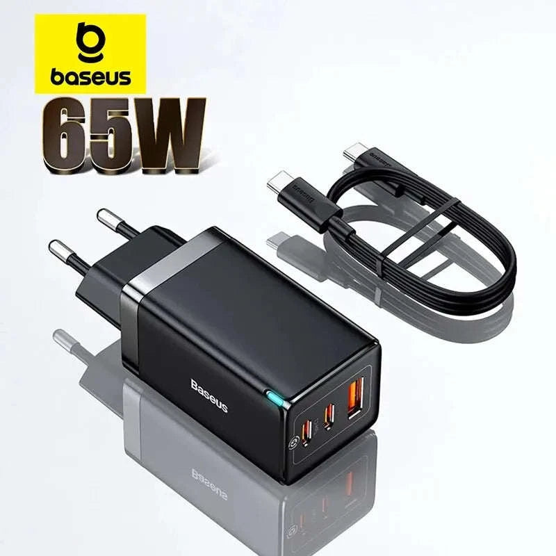 65W GaN Fast Charger with Dual USB-C & USB Ports for Laptop Phone-EU Plug White