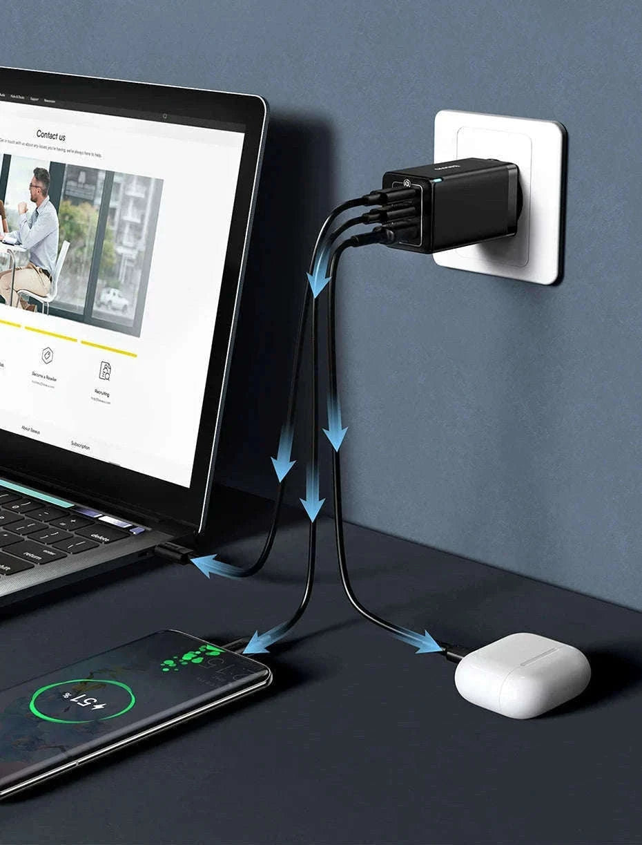65W GaN Fast Charger with Dual USB-C & USB Ports for Laptop Phone-EU Plug White