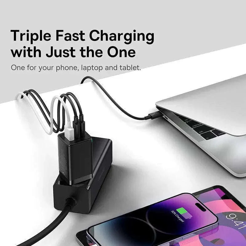 65W GaN Fast Charger with Dual USB-C & USB Ports for Laptop Phone-EU Plug White