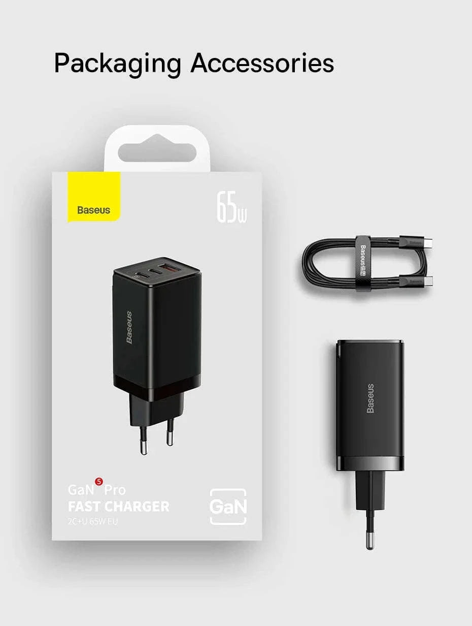 65W GaN Fast Charger with Dual USB-C & USB Ports for Laptop Phone-EU Plug White