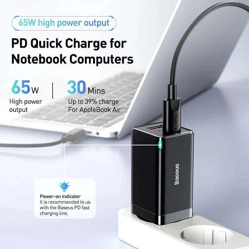 65W GaN Fast Charger with Dual USB-C & USB Ports for Laptop Phone-EU Plug White