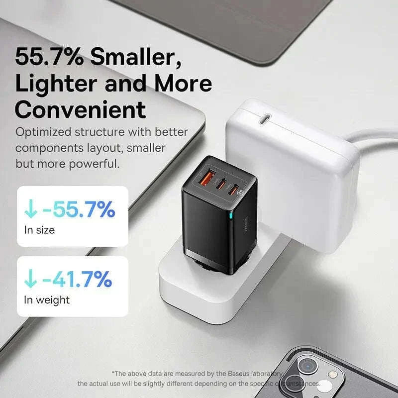 65W GaN Fast Charger with Dual USB-C & USB Ports for Laptop Phone-EU Plug White