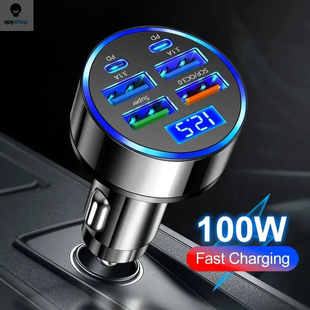 66-250W PD Car Charger QC3.0 Fast Charge One to Six Car Cigarette Lighter Plug Car Charger Flash Charge with Digital Display Spy-shop.com