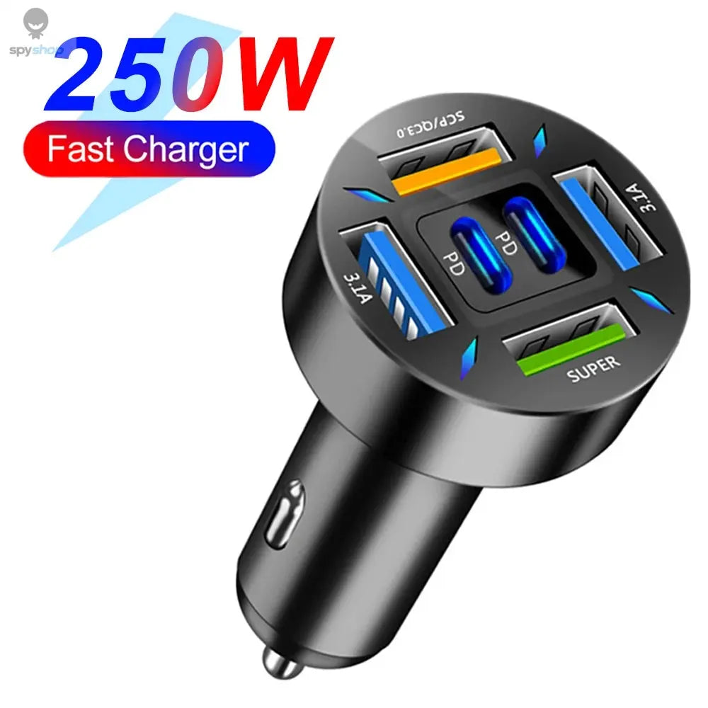 66-250W PD Car Charger QC3.0 Fast Charge One to Six Car Cigarette Lighter Plug Car Charger Flash Charge with Digital Display Spy-shop.com