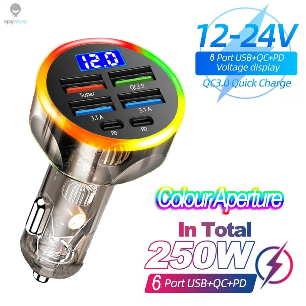 66-250W PD Car Charger QC3.0 Fast Charge One to Six Car Cigarette Lighter Plug Car Charger Flash Charge with Digital Display Spy-shop.com