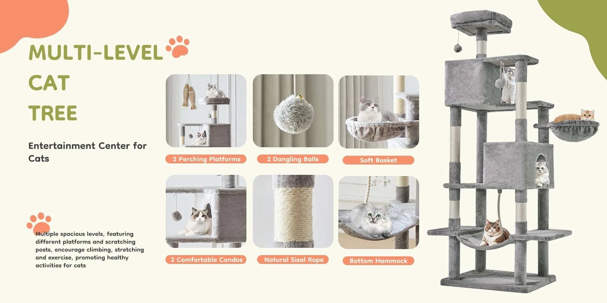 66-Inch Multi-Level Cat Tree Tower with Condo, Hammock & Scratching Posts-Beige / United States